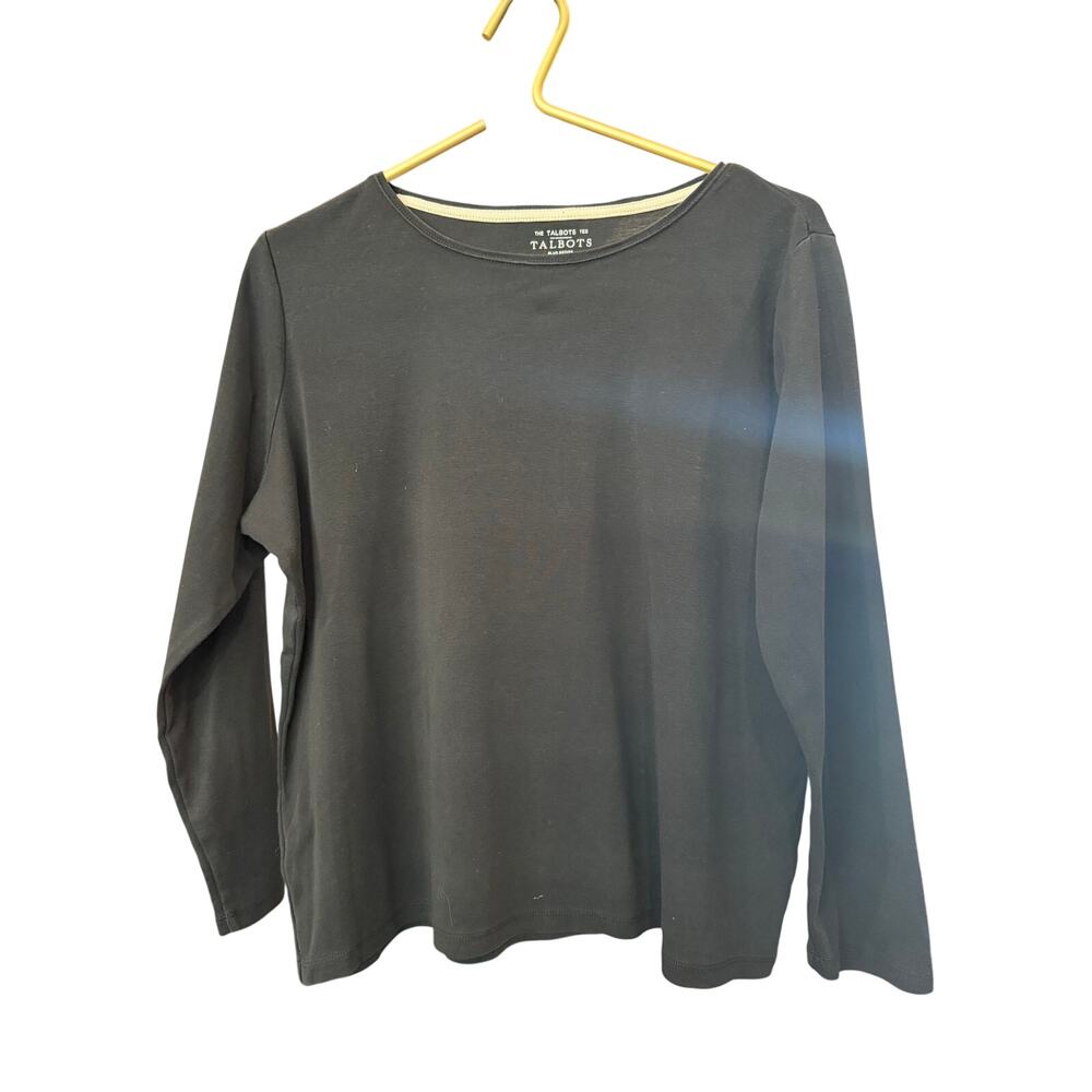 TALBOTS Black Pima Cotton 3/4 Sleeve Tee 1X Petite Crew Neck Knit Top EUC - Picture 3 of 7